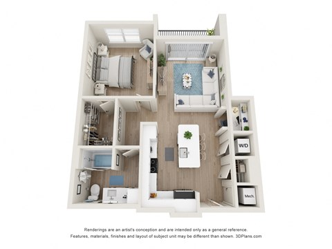 Floor plan for 1 bed, 1 bath, 811 sqft
